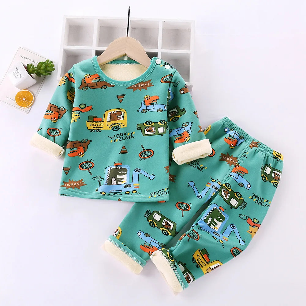 Soft fleece pajamas for kids, a cartoon thermal set designed for warm and comfortable rest