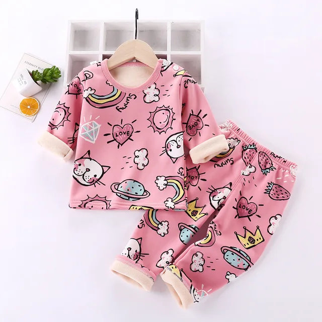 Unisex toddler cartoon fleece thermal pajama set, perfect for winter nights and lounge wear