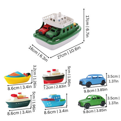 Toddler educational bath toy set with floating ferry and colorful mini cars for sensory play