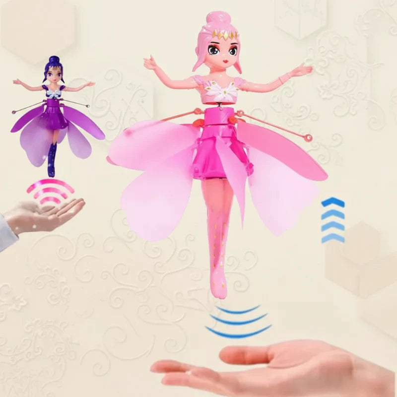 Children playing with a gesture-controlled flying fairy doll outdoors, enjoying interactive fun