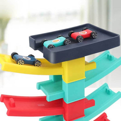 Close-up of a racing car on the gliding track, highlighting the toy's vibrant design