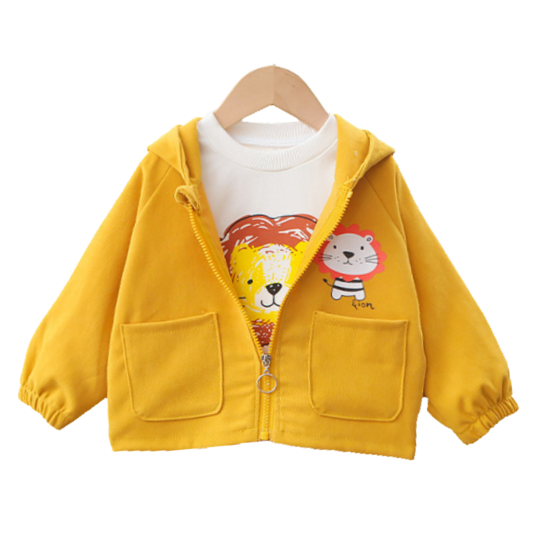 Unisex kids hooded jacket with lion cartoon graphic for autumn, made from cotton, zipper closure.