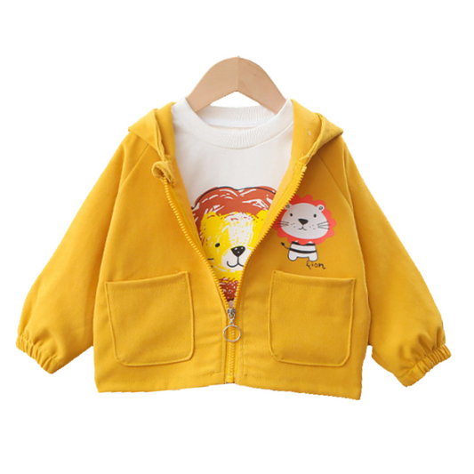 Unisex kids hooded jacket with lion cartoon graphic for autumn, made from cotton, zipper closure.