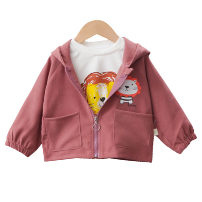 Toddler fashion outerwear: cotton hooded jacket featuring a playful lion graphic print for kids.