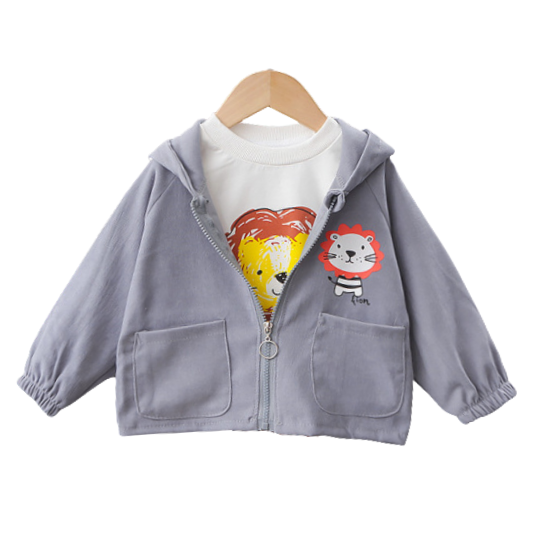 Autumn wear kids jacket, unisex, with a cute lion cartoon and practical zipper closure.