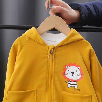 Baby outerwear cotton jacket with a fun lion graphic, perfect for autumn. Hooded design.