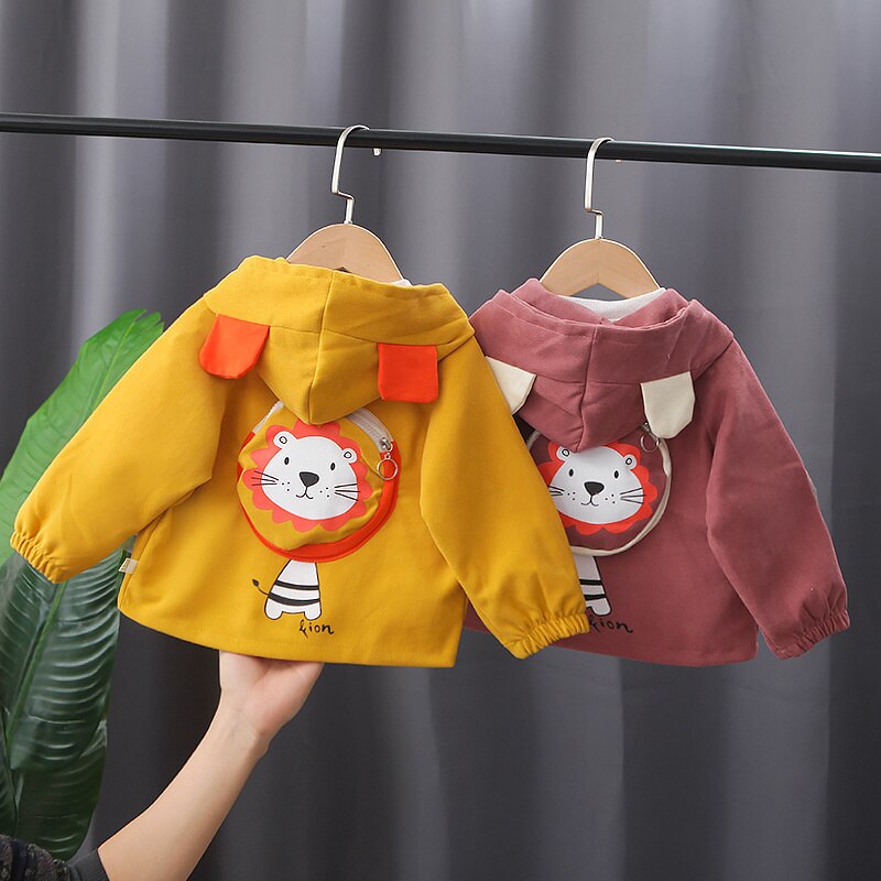 Unisex kids lion graphic hooded jacket. Soft cotton, zipper. Ideal toddler outerwear for autumn.