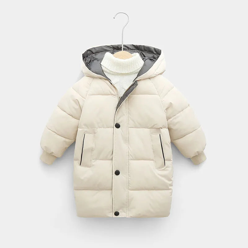 Toddler's long padded hooded winter coat, shown with mittens, for complete warmth.