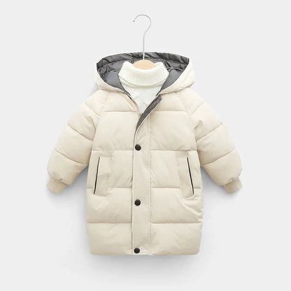 Toddler's long padded hooded winter coat, shown with mittens, for complete warmth.