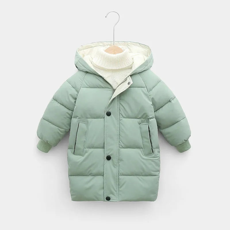 Unisex kids' long winter jacket, hooded, padded, in a vibrant orange, standing out.
