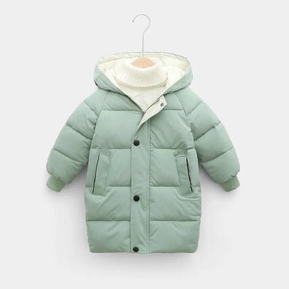 Unisex kids' long winter jacket, hooded, padded, in a vibrant orange, standing out.