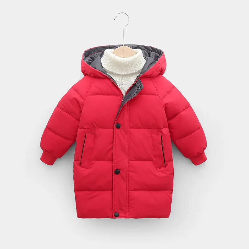 Unisex baby long padded jacket with hood, breathable and water-resistant for winter.