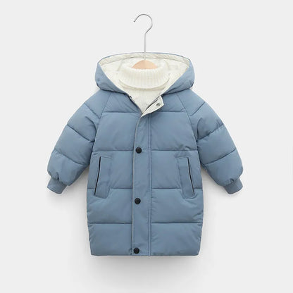 Kids' long hooded padded winter jacket with a high collar for neck protection, beige.
