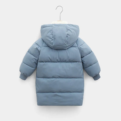Unisex toddler's long padded winter coat, hooded, perfect for school or outdoor trips.