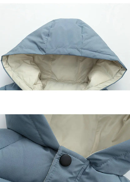 Unisex kids' long hooded padded winter jacket, shown folded for compact storage.
