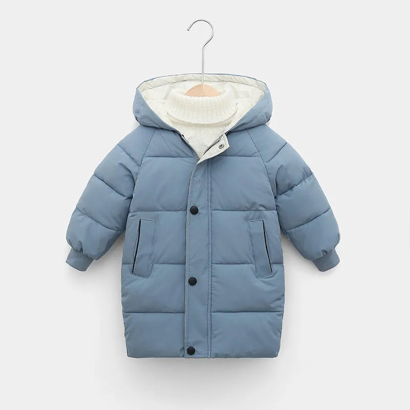 Toddler's padded hooded winter coat in pink, long style, perfect for baby outerwear.