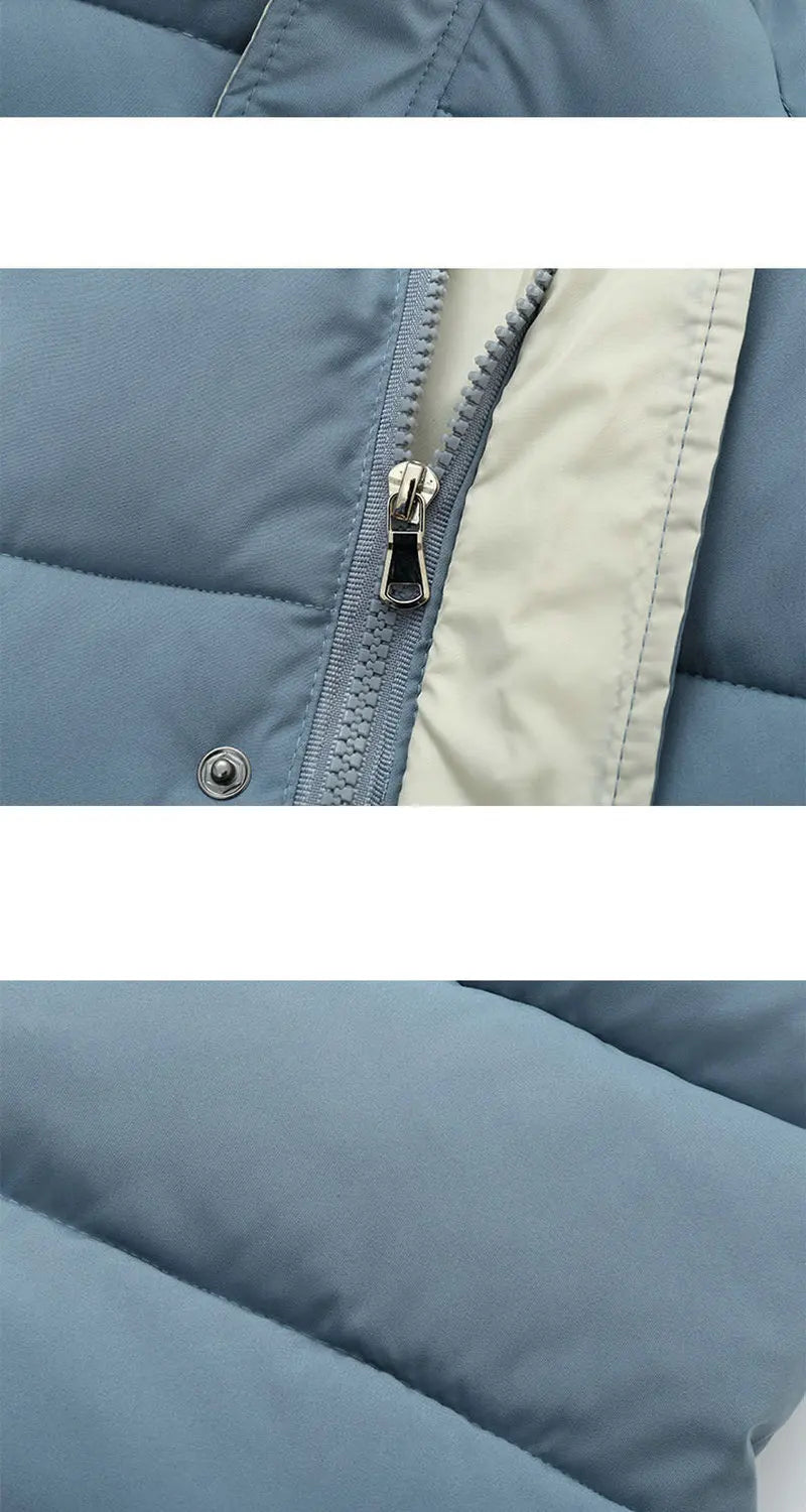 Unisex kids' long padded hooded winter jacket in multi-color block design.