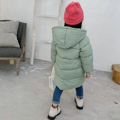 Children's waterproof long padded winter jacket with an adjustable hood, in olive green.