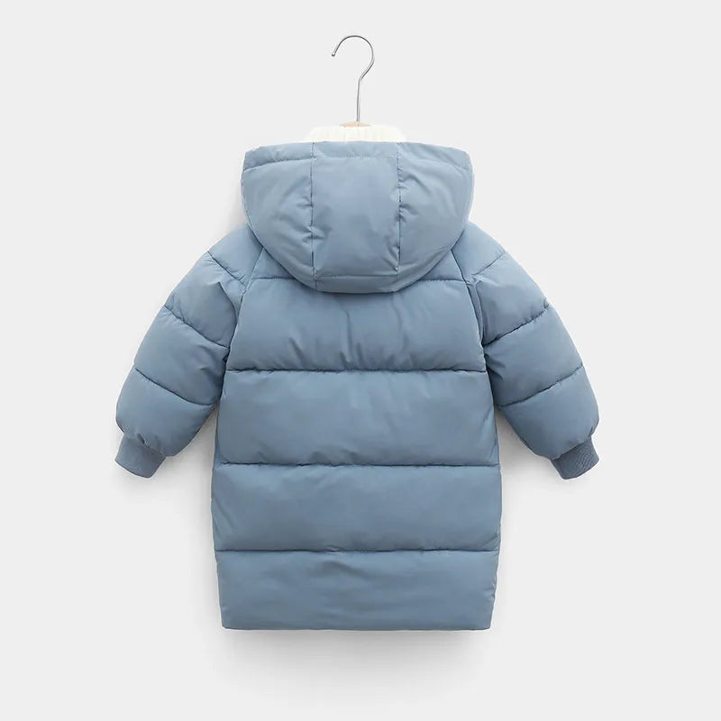 Kids' unisex long winter jacket, hooded and padded, shown in a vibrant yellow color.