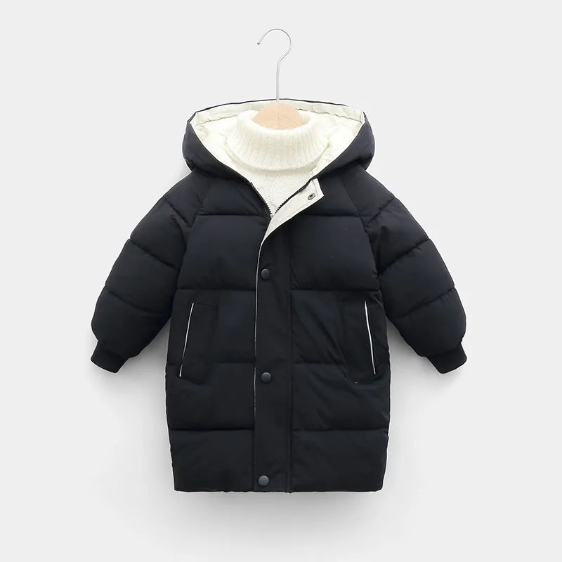 Side view of a children's hooded winter long jacket, padded for warmth, in royal blue.