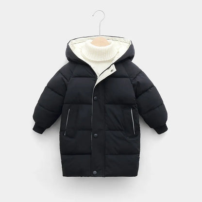 Side view of a children's hooded winter long jacket, padded for warmth, in royal blue.