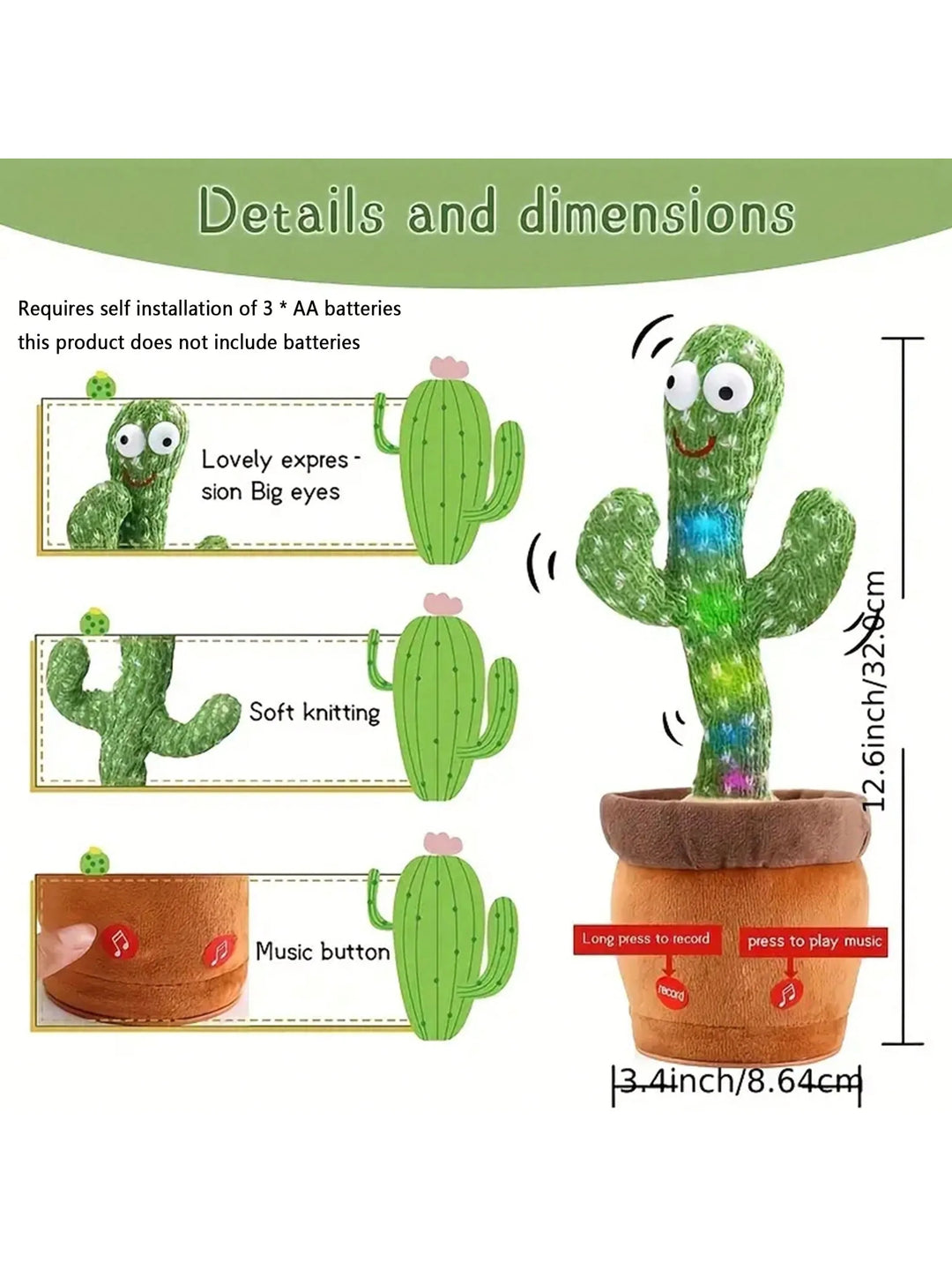 Dancing cactus toy for children, plays music & moves. Fun interactive unisex baby toy in soft green cotton.