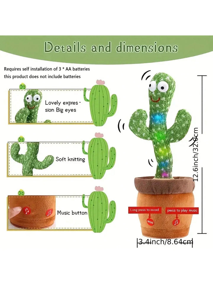 Dancing cactus toy for children, plays music & moves. Fun interactive unisex baby toy in soft green cotton.