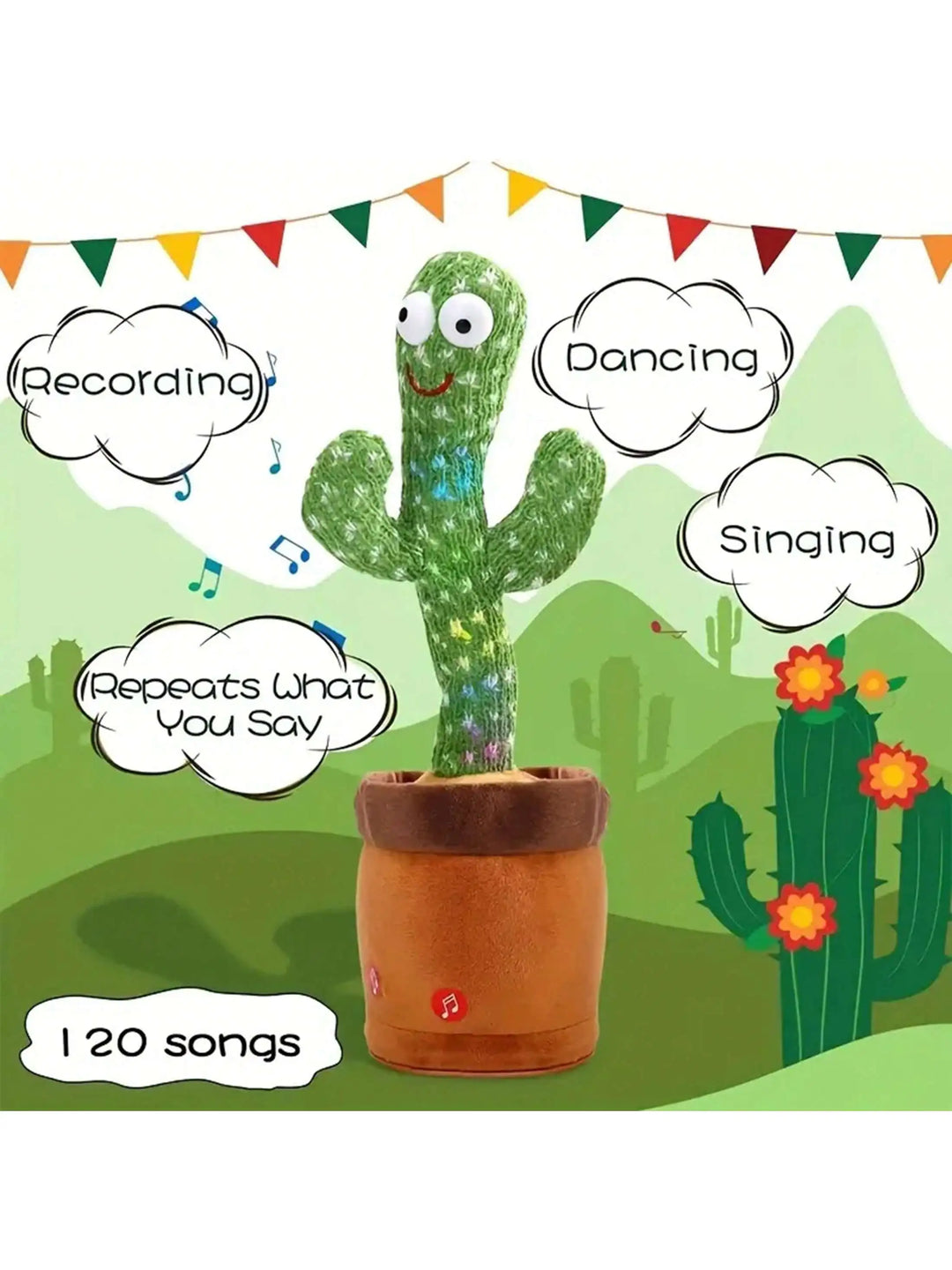 Smiling green talking cactus toy, entertains kids with dancing & songs. Fun interactive mimicking baby plush.