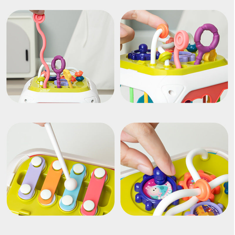 Kids' interactive shape sorter toy, a versatile cube for stacking and sensory learning