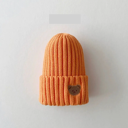 Cartoon bear embroidery knitted beanie hat, soft cotton, warm and stylish for infant boys and girls.