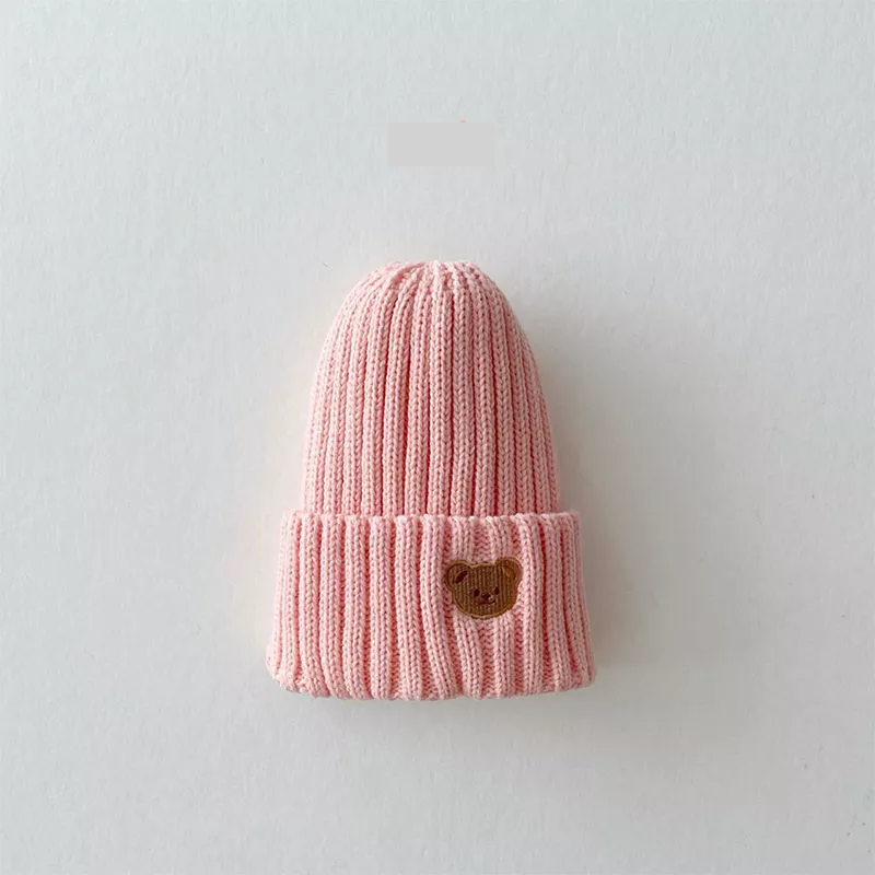 Soft cotton knitted beanie hat for kids, featuring a charming bear embroidery, a must-have winter accessory.