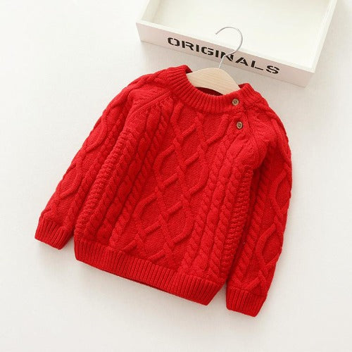 Unisex kids knitted winter cardigan sweater, cozy warm toddler knitwear, gray color, front view