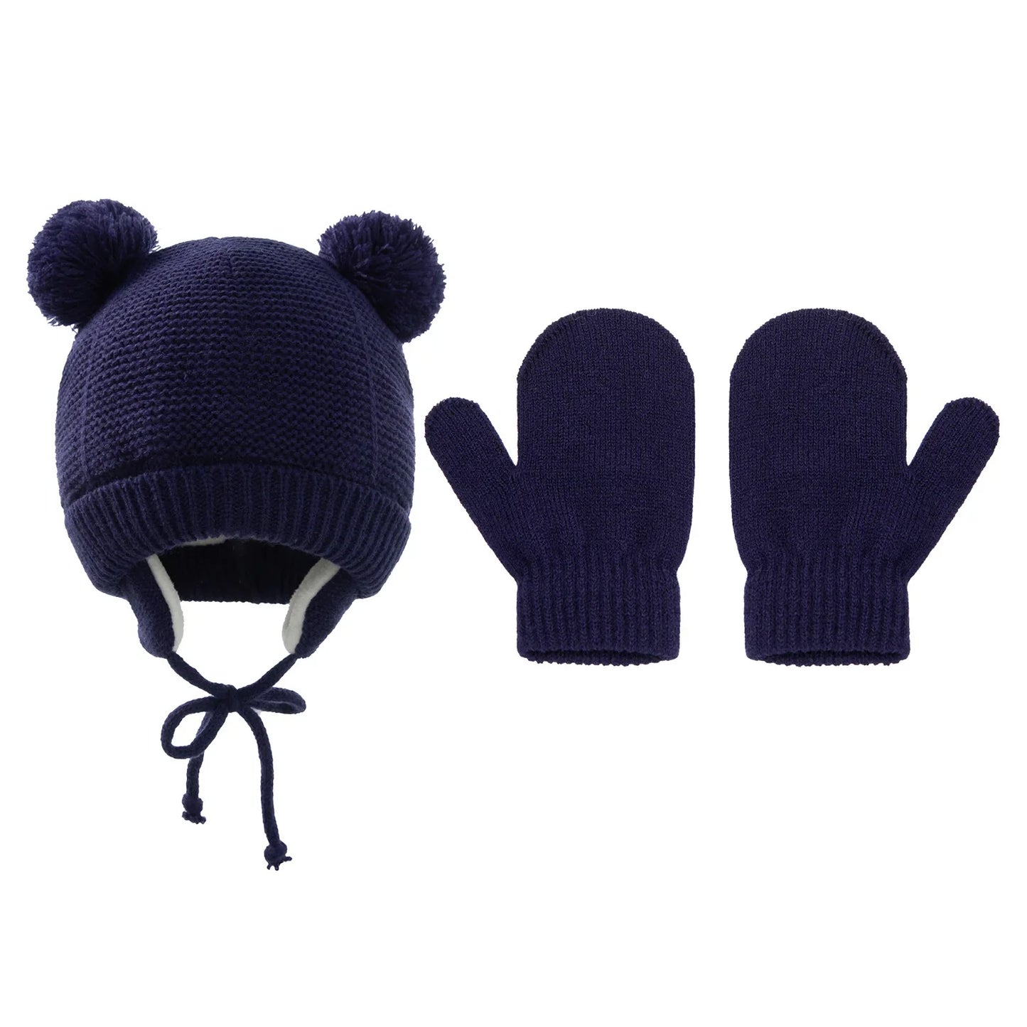 Knitted pompom baby hat and matching gloves, ideal for autumn and winter warmth
