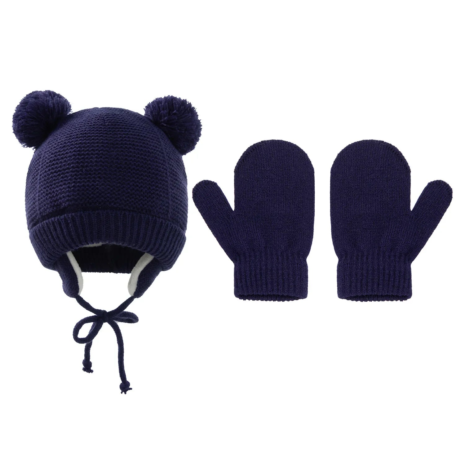 Knitted pompom baby hat and matching gloves, ideal for autumn and winter warmth