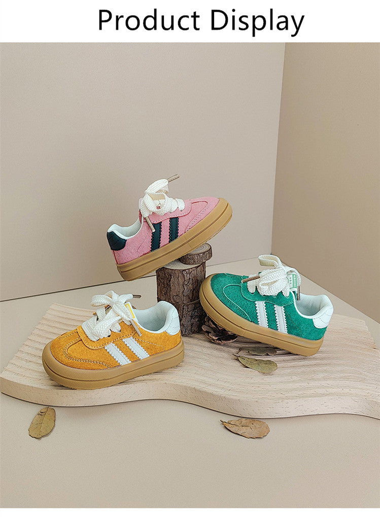 Blue unisex kids laced sneakers for babies, featuring anti-slip sole for first steps.
