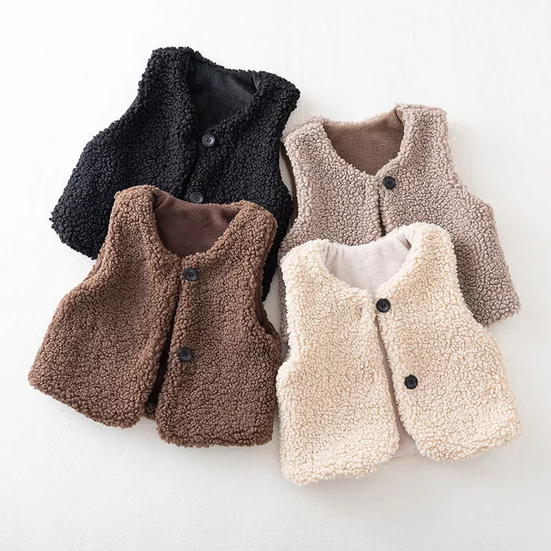 Unisex kids lamb wool vest in white on a hanger, warm winter outerwear for toddlers