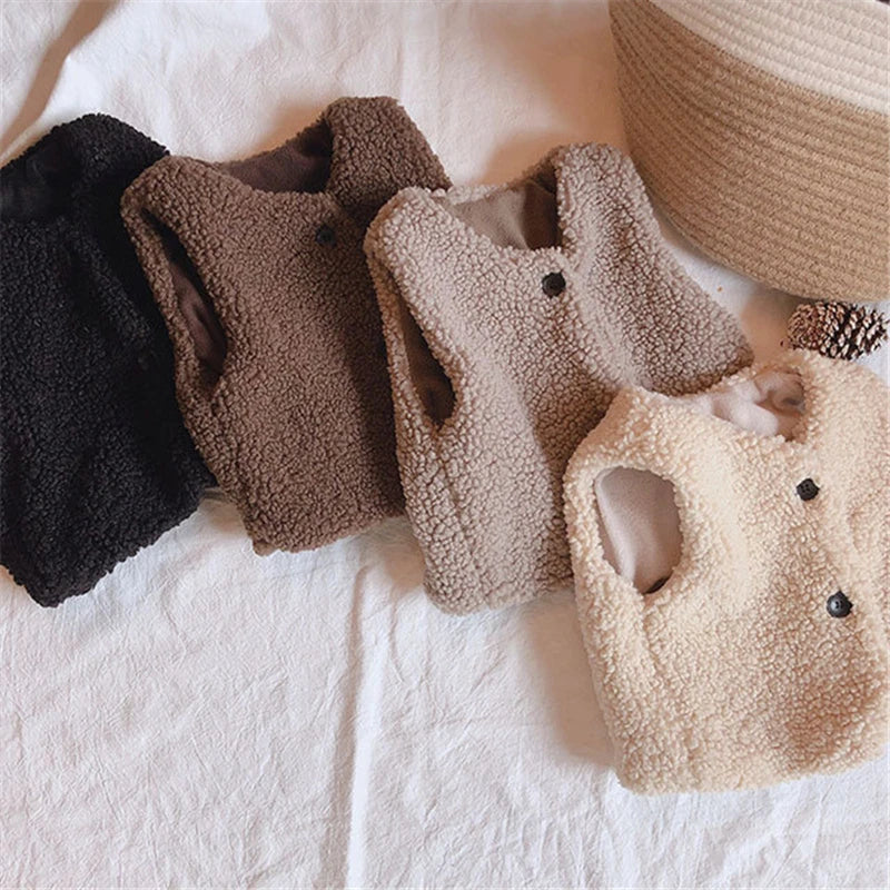 Close-up of fluffy lamb wool texture on a unisex kids vest, cozy autumn winter clothing