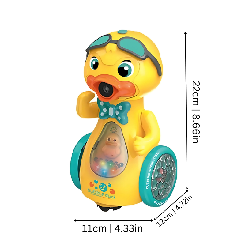 Toddler-friendly yellow duck bubble machine with lights and music, an interactive kids gift.