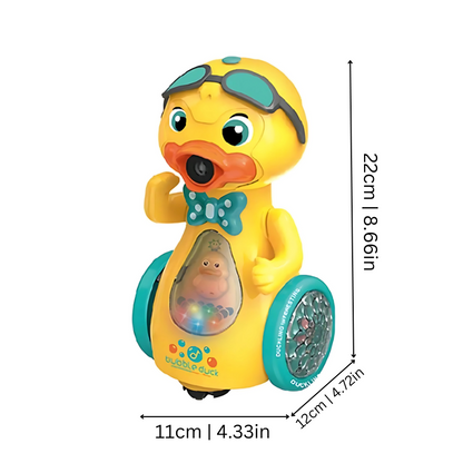 Toddler-friendly yellow duck bubble machine with lights and music, an interactive kids gift.