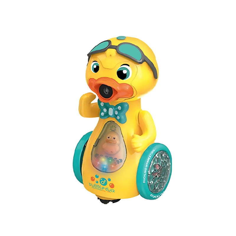 Musical rubber duck toy that blows bubbles and lights up, great for kids' active play.