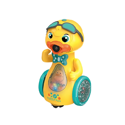 Musical rubber duck toy that blows bubbles and lights up, great for kids' active play.