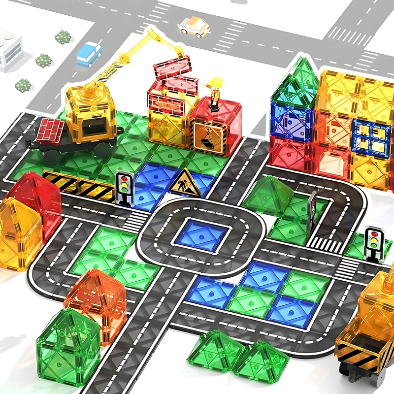 Unisex kids magnetic building blocks set, cityscape construction with roads, STEM educational toy