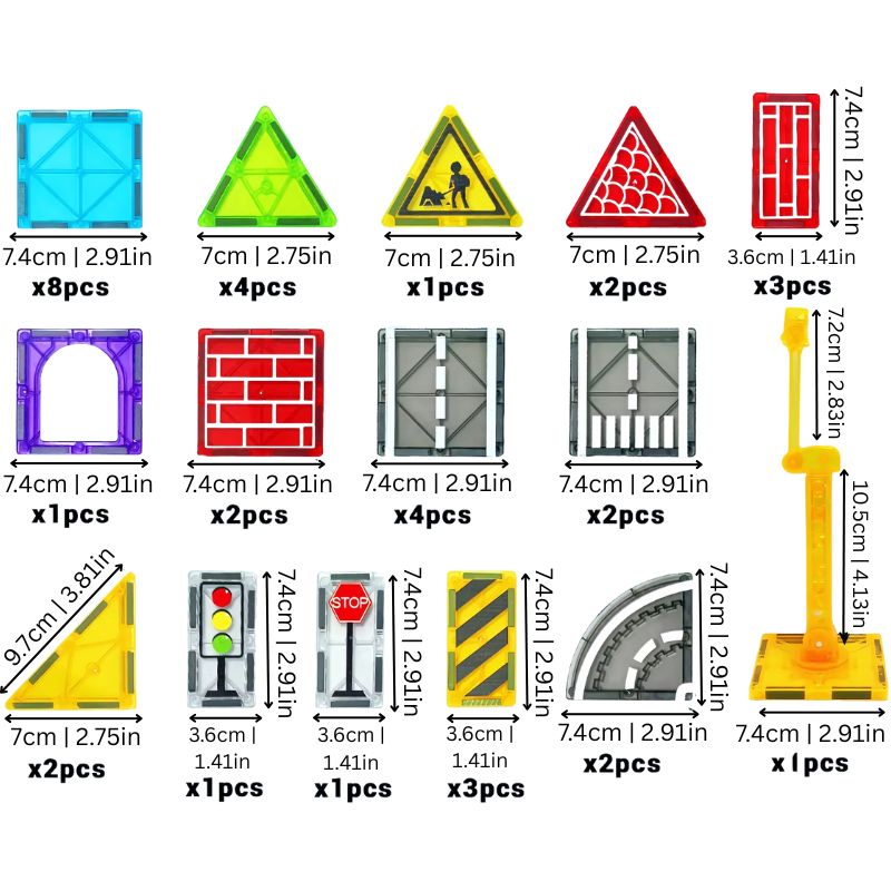 Colorful magnetic tiles building a city scene with roads, imaginative play preschool toy for kids