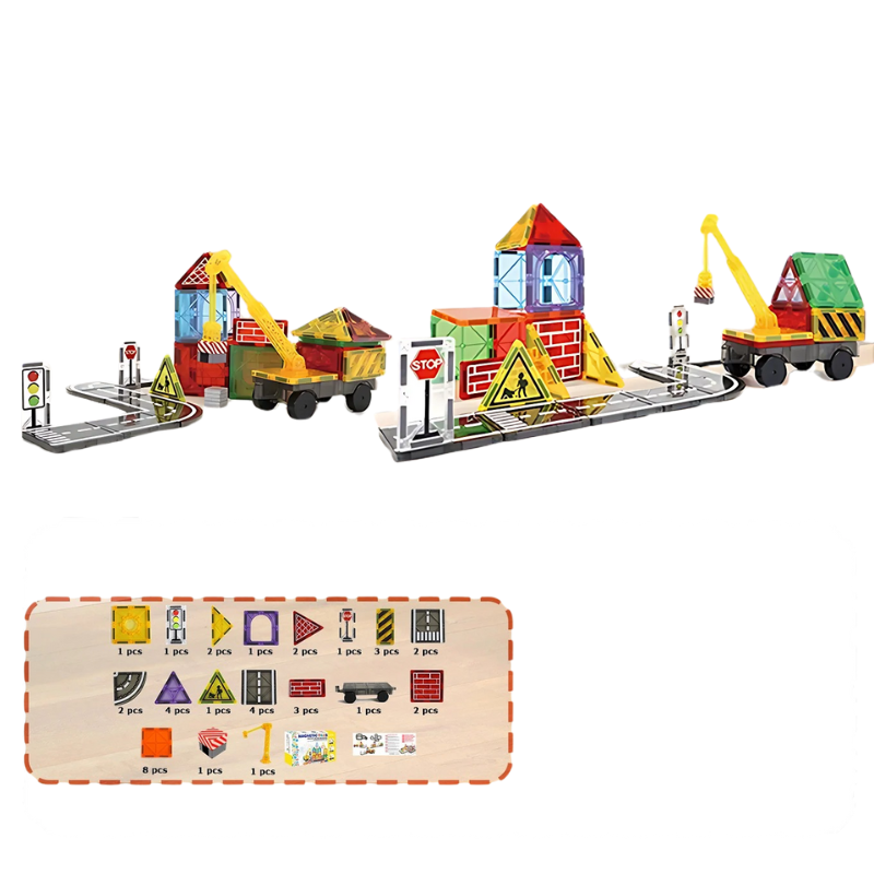 Angled shot of magnetic building city toy set, showing detailed road pieces and blocks, STEM learning