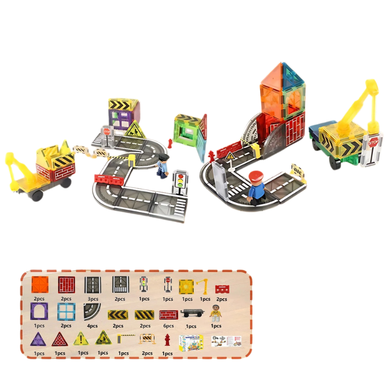 Kids playing with magnetic building blocks city set, constructing roads and buildings, unisex toy