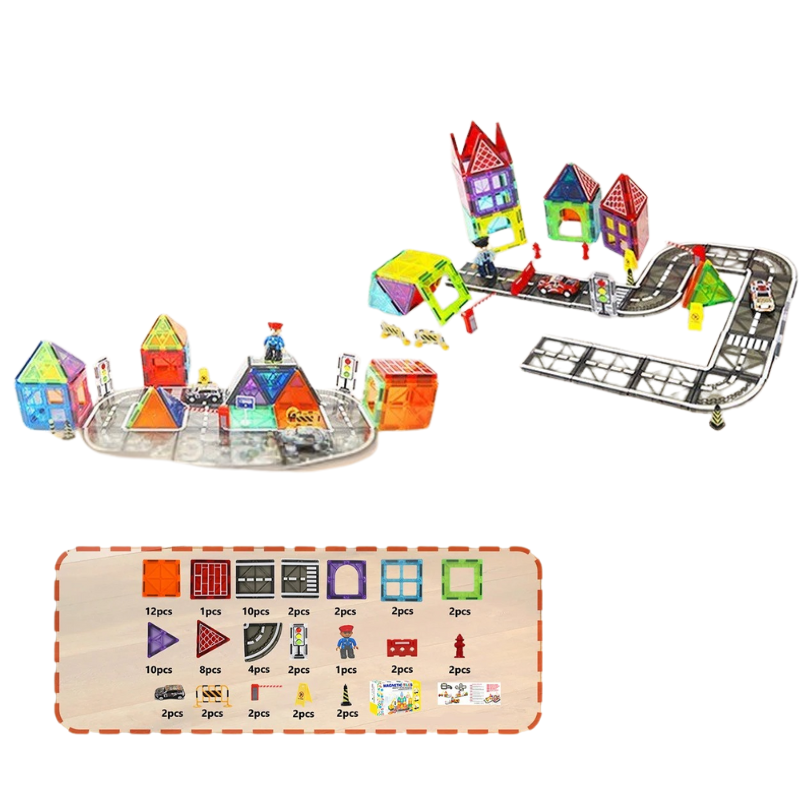 Close-up of magnetic building blocks interlocking to form roads in a city toy set for children
