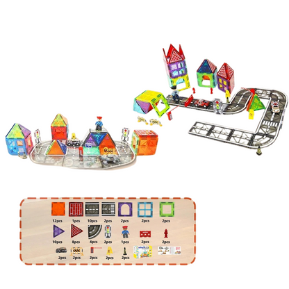 Close-up of magnetic building blocks interlocking to form roads in a city toy set for children