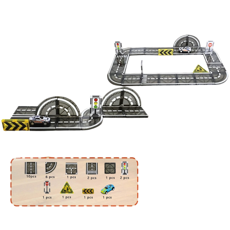 Complete magnetic building city toy set, featuring various shaped blocks and road sections, educational