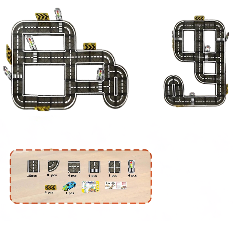 Overhead view of a magnetic building city and road construction set for unisex kids, imaginative play