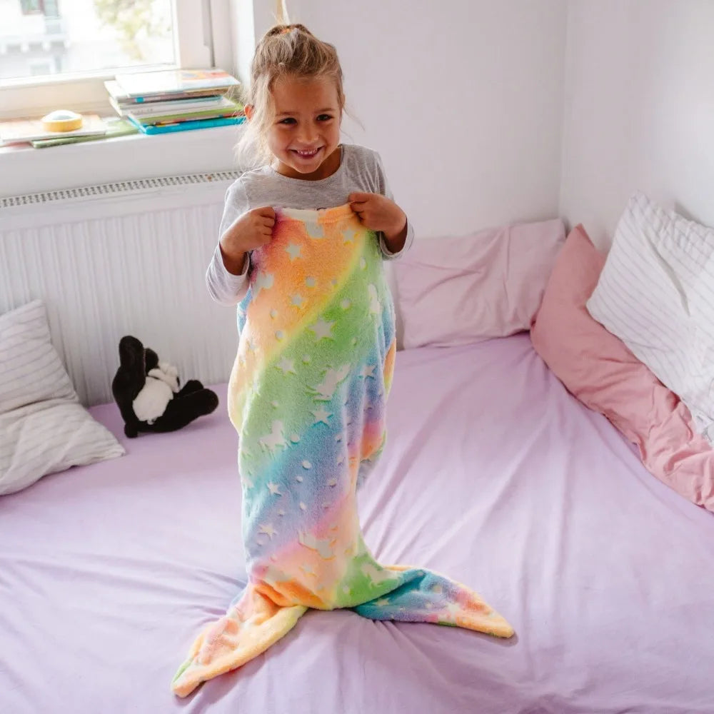 Unisex Kids Mermaid Glow Sleeping Bag, soft plush, purple rainbow glow-in-dark children's bedding